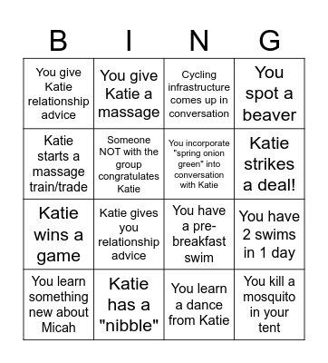 Katies Bridal Canoe Bash Bingo Card