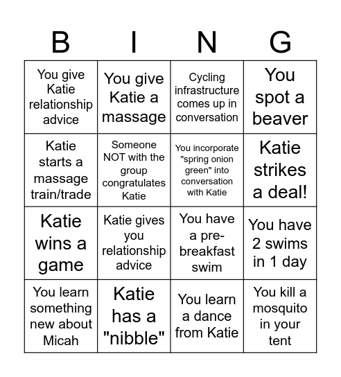 Katies Bridal Canoe Bash Bingo Card
