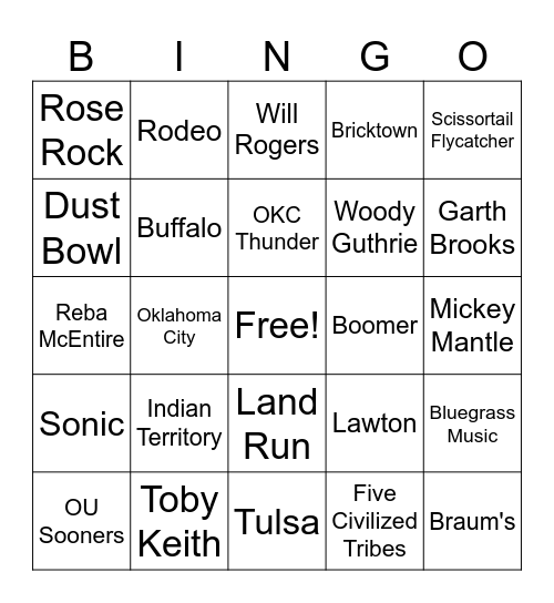 OKLAHOMA Bingo Card
