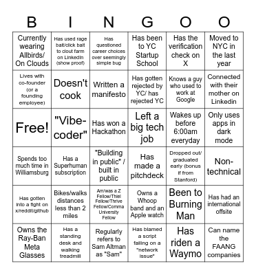 Tech Bro Bingo Card