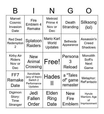 Nintendo Direct Bingo Card