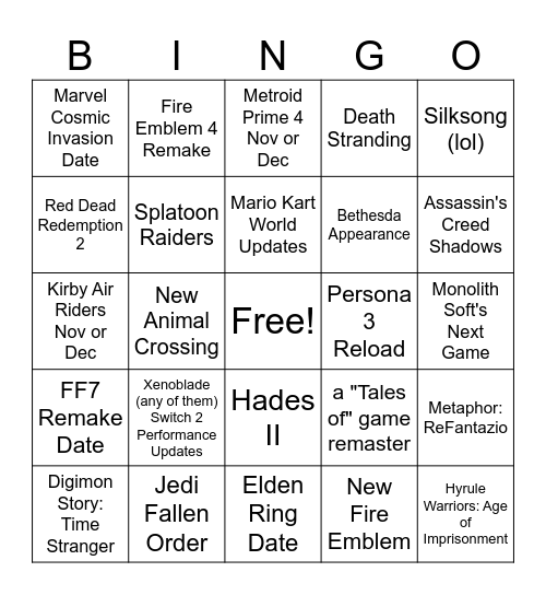 Nintendo Direct Bingo Card
