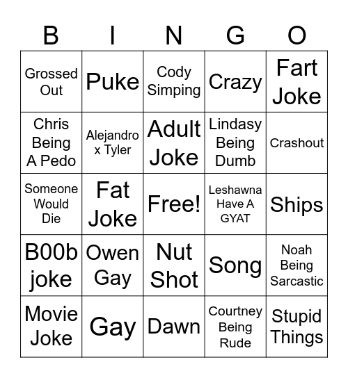 Total Drama Bingo Card