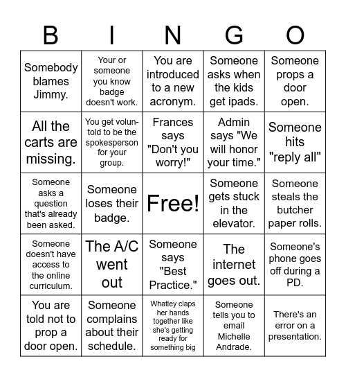 Beginning of the Year Bingo Card
