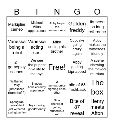 Fnaf 2 movie bingo Card