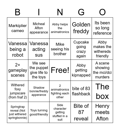 Fnaf 2 movie bingo Card