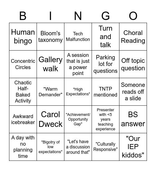 School PD Bingo Card