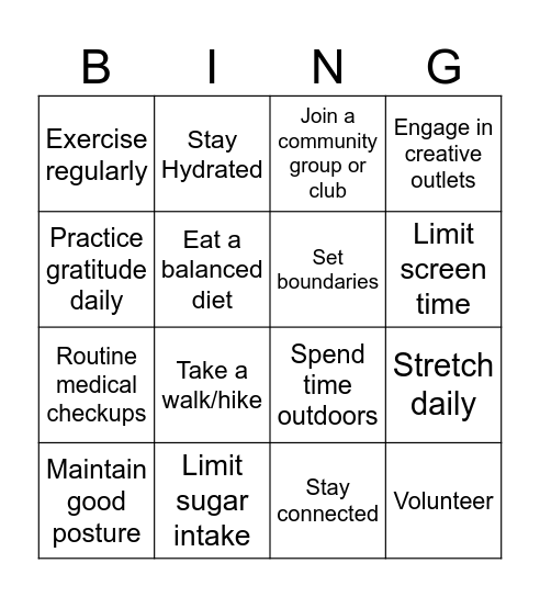 Wellness Bingo Card