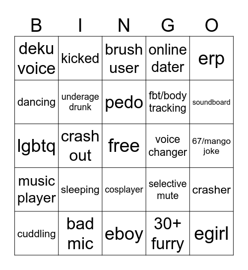 Vrchat bingo Card