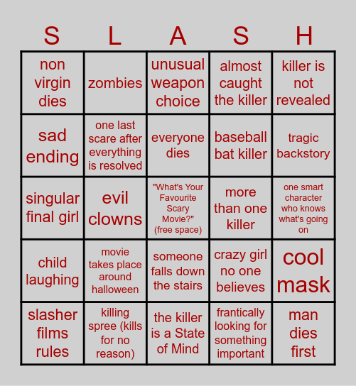 slasher bingo Card