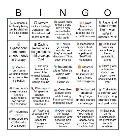 Jurassic World Bingo Card