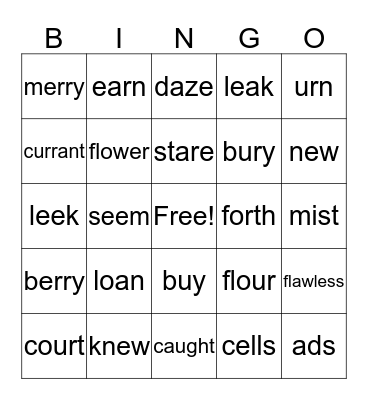 Homophones Bingo Card