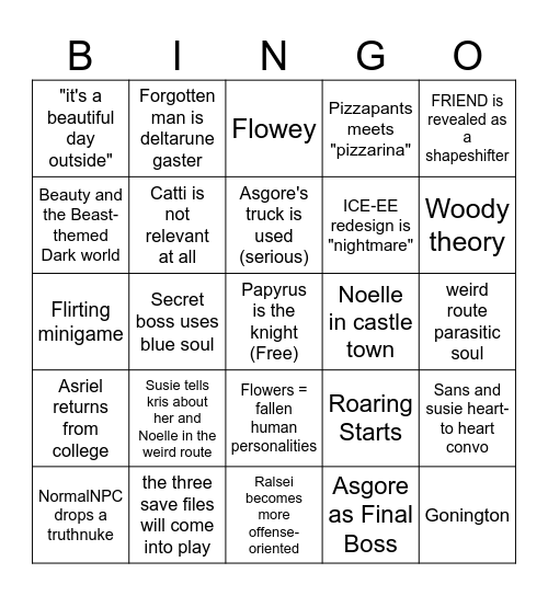 Deltarune Chapter 5 bingo Card