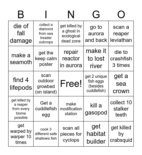 subnautica Bingo Card