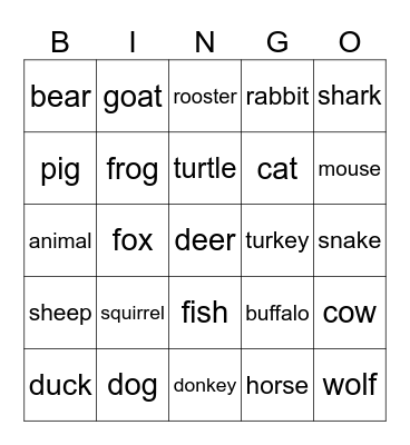 Animal Words Bingo Card