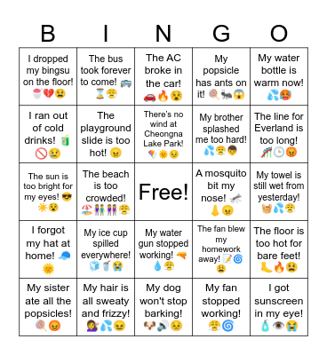 Whiny Summer Vacation Bingo Card