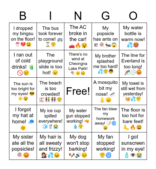 Whiny Summer Vacation Bingo Card