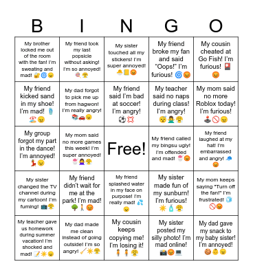 Angry Summer Vacation Bingo Card