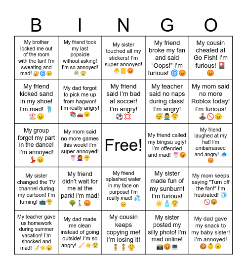 Angry Summer Vacation Bingo Card