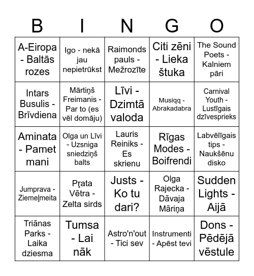 Muzikālais Bingo Card