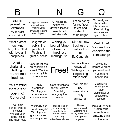 CONGRATS BINGO! Bingo Card