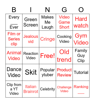 YT Shorts Bingo Card
