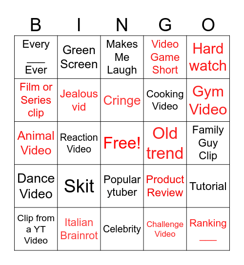 YT Shorts Bingo Card
