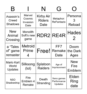 July Nintendo Direct Bingo Card