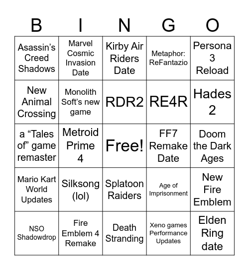 July Nintendo Direct Bingo Card