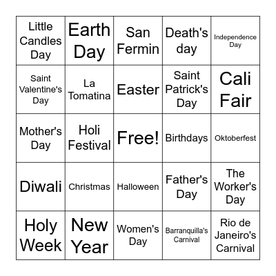 Celebrations Bingo Card