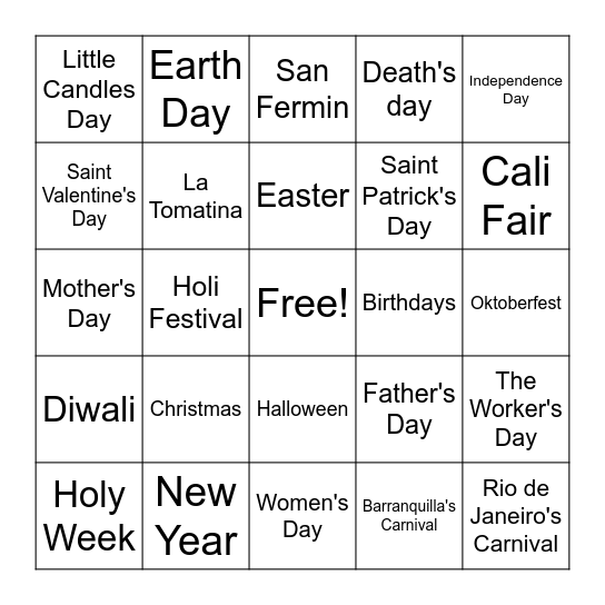 Celebrations Bingo Card