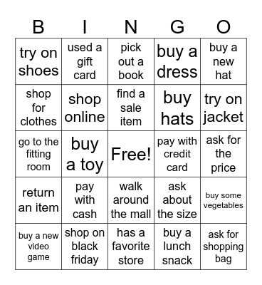 SHOPPING DAY Bingo Card