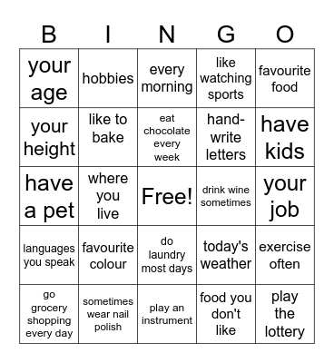 Simple Present Bingo Card