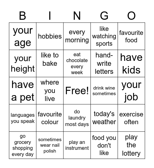 Simple Present Bingo Card
