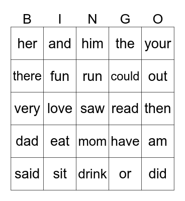 Sight Words Bingo Card