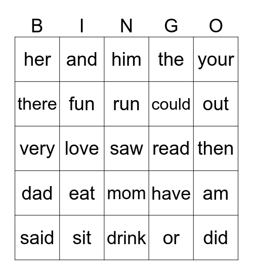 Sight Words Bingo Card
