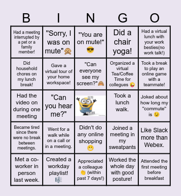Remote Work Bingo Card