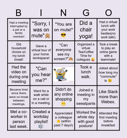 Remote Work Bingo Card