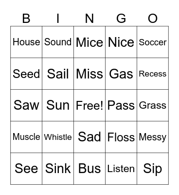"S" Bingo Card