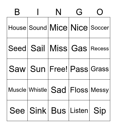"S" Bingo Card