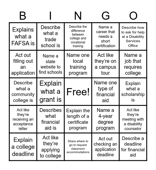 Postsecondary Bingo Card