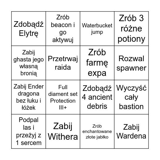 CwelCraft Hardcore Sezon 1 Bingo Card