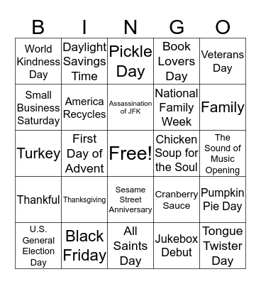 November Stuff Bingo Card
