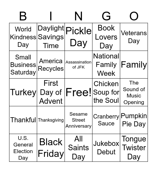 November Stuff Bingo Card