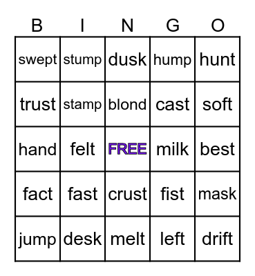 Beginning and Ending Blends Bingo Card