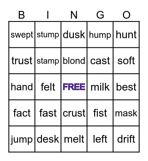 Beginning and Ending Blends Bingo Card
