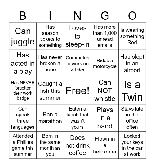 Find a Co-Worker Who..... Bingo Card
