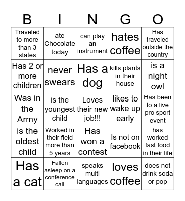 Get to Know Your Team Bingo! Bingo Card