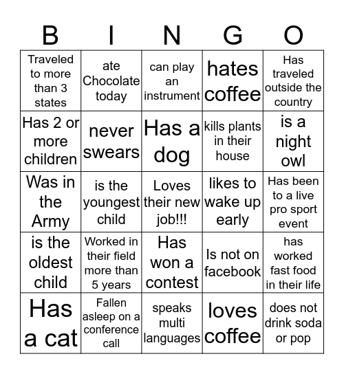 Get to Know Your Team Bingo! Bingo Card