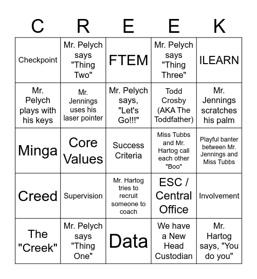 Staff Meeting "Creek" Bingo Card